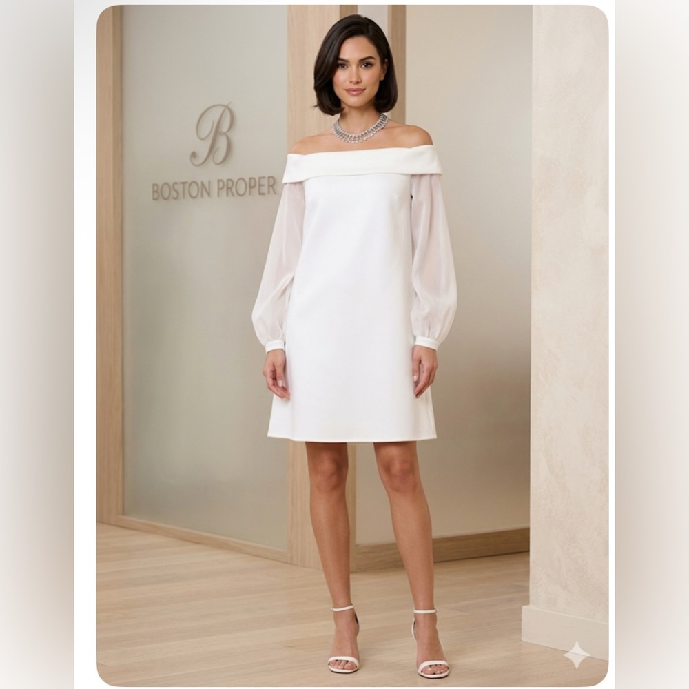 Boston Proper NWT Elegant White Long-Sleeve Off shoulder Dress size 14